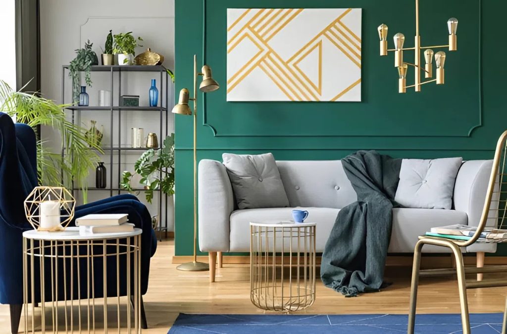 Modern living room with bold green accent wall painted by a painter in Kapolei, HI