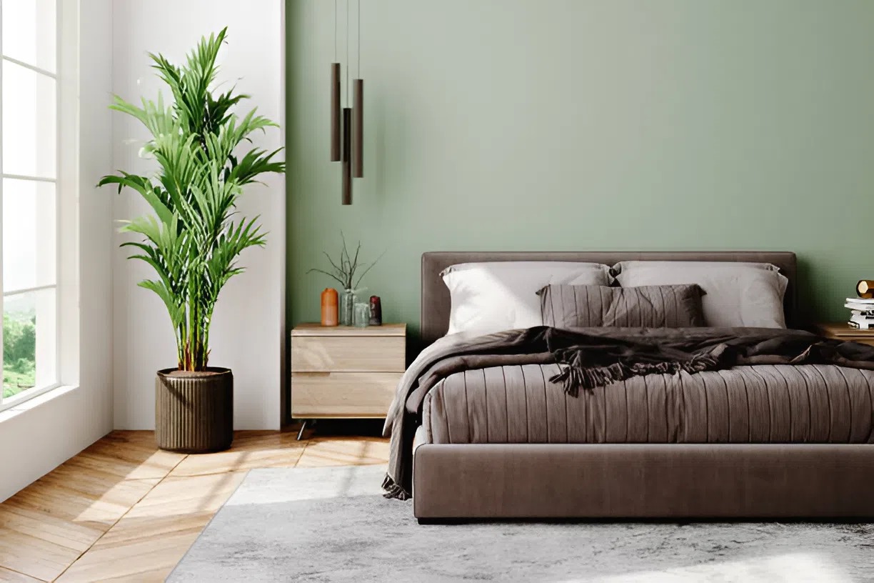 Bedroom interior with sage green accent wall and crisp white trims by a house painter in Ewa Beach, HI