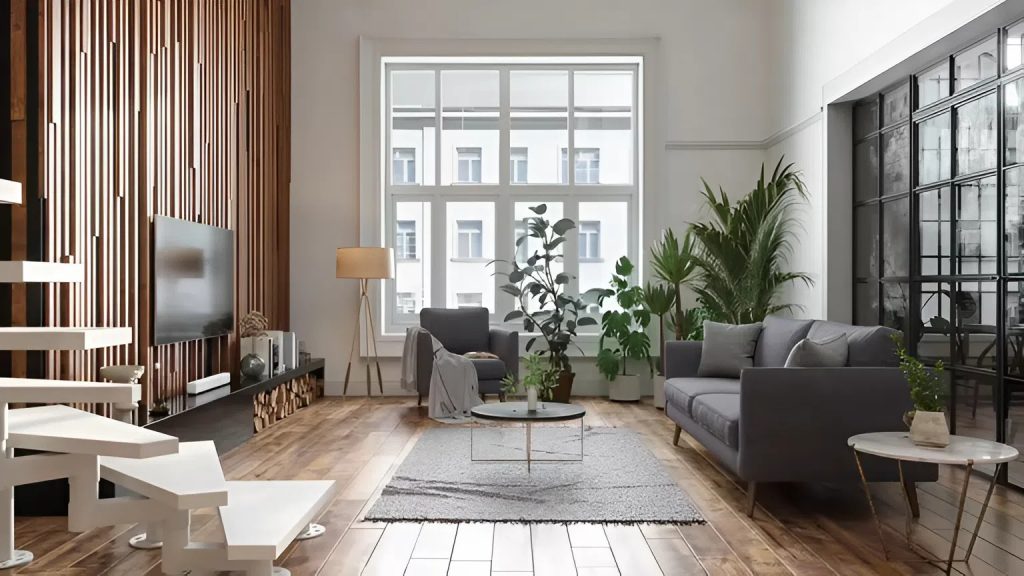 White wall paint with wood accent wall and gray accents by a painter in Honolulu, HI