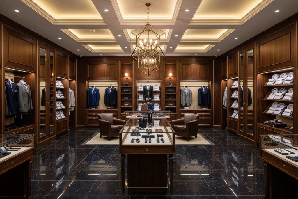 Retail interior with rich dark walnut wood accents and warm beige ceiling paint by an interior painter in Pearl City, OH.