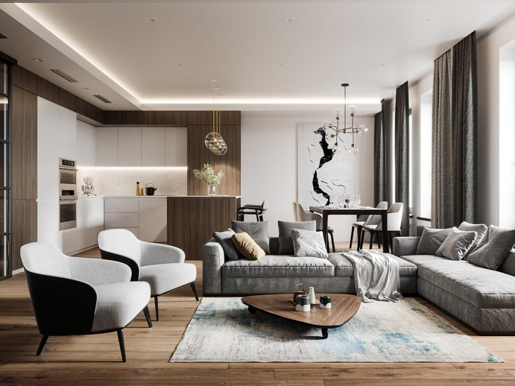 Living room and kitchen with a cohesive neutral color palette by a painter in Kapolei, HI